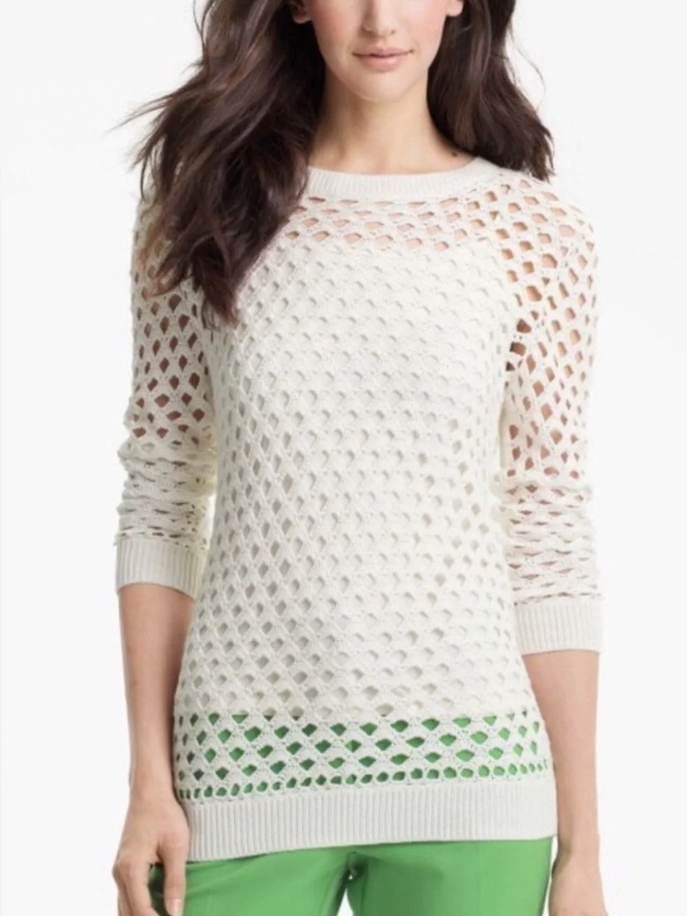 Trina Turk White Open Knit Crochet Sweater Pullover Size XL